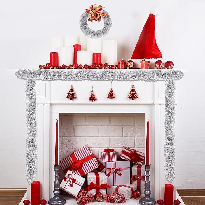50FT Silver White Christmas Tinsel Garland, Metallic Twist Xmas Garland for Christmas Tree Decorations, Holiday Hanging Garlands for Mantel Staircase Fireplace Indoor Outdoor Home Party Decor