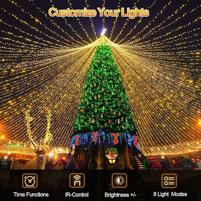 JXLEDAYY 2 Pack 403 FT 1000 LED Christmas Lights Outdoor Fairy Lights Plug in Clear Wire String Lights with Remote Timer 8 Modes for Outside House Tree Garden Wedding Party Decorations-Warm White
