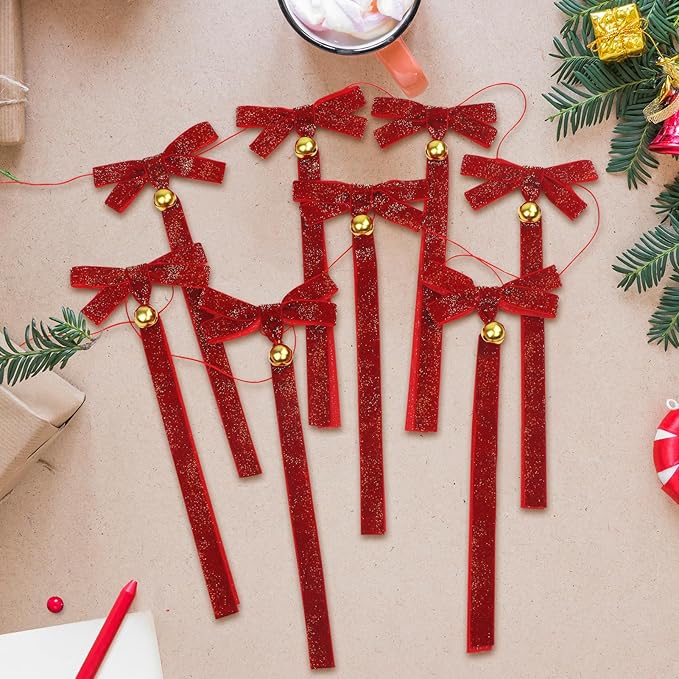 Christmas Velvet Bow Garland Banner with Bells, Glitter Red Ribbon Bows Christmas Jingle Bell Garland Bow Banner Xmas Ornaments for Mantel Fireplace Table Wall Staircase Office Home Xmas Tree Decor