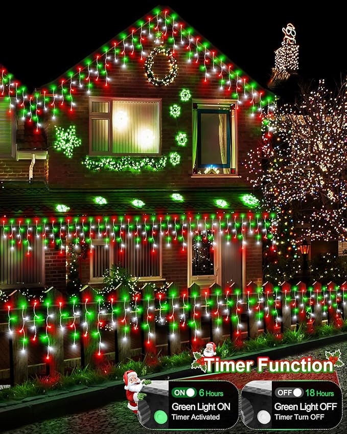 159 FT Christmas Lights Outdoor, 1458 LED Waterproof Outside Christmas Lights Plug in, Timer & Memory, 8 Modes Fairy Lights with 324 Drops for House Eaves Yard Patio Red Green and Cool White