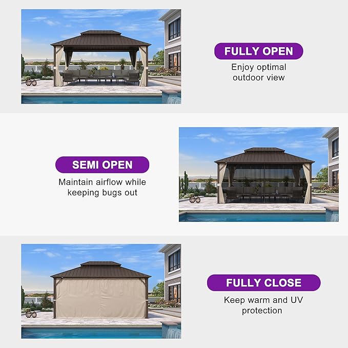 PURPLE LEAF 12’ X 16’ Outdoor Hardtop Gazebo Metal Frame Galvanized Steel Double Roof with Curtains and Nettings for Patio Desk Backyard Bronze