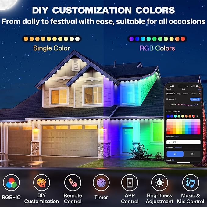 Permanent Outdoor Lights, 100ft Smart Eave Lights with 72 LED Lights, IP67 Waterproof, App Control, Outdoor String Lights, DIY RGB+IC Outdoors Light for House Christmas Decorations, White