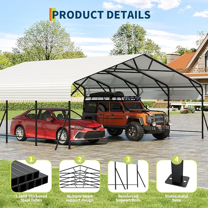 GarveeLife 20x20x9 ft Oversized Metal Carport with Galvanized Steel Roof, Heavy Duty Carport for 2 Cars, Metal Garage for Car, Truck, Tractor, Boat