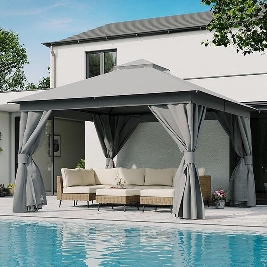 LAUSAINT HOME Semi-Permanent Patio Gazebo 12'x12' with Expansion Bolts, Outdoor Heavy Duty Party Shelter with Double Roofs, Mosquito Nettings and Sidewalls for Backyard, Garden, Lawn, Smoke Grey