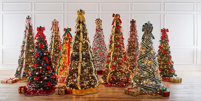 BrylaneHome 6 Ft Fully Decorated Pre-Lit Pop-Up Christmas Tree with 350 Warm Lights & Included Stand, Collapsible, Easy Assembly - Red Gold