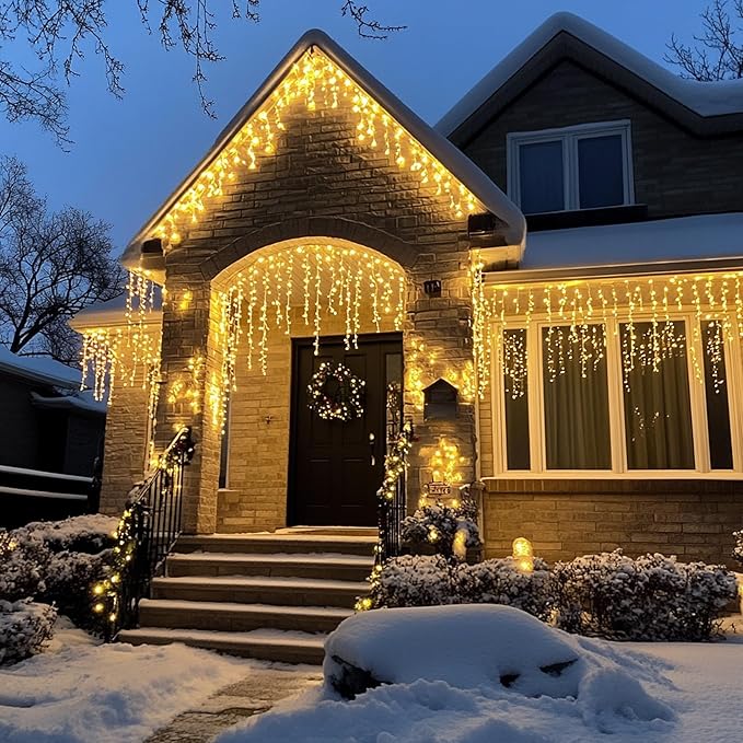 Dazzle Bright Christmas Icicle Lights, 88.5 FT 1080 LED 8 Modes Curtain Fairy Lights with 180 Drops, Xmas String Lights for Outdoor Holiday Wedding Party Decorations (Warm White)