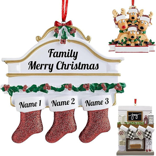 Personalized Christmas Ornaments 2023 Red Stocking Family of 2/3/4/5/6/7/8 Custom Christmas Ornament with Names Customized New Year Family Ornament for Christmas Tree Decor（Family of 3）