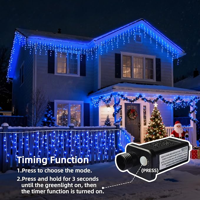 Christmas Outdoor Icicle Lights - 200 LED 21+16 FT 8 Modes Curtain Fairy String Light Plug in, Waterproof for Eaves Yard Holiday Xmas Holiday Indoor Outdoor Decoration - Blue