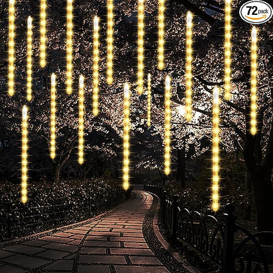 24 Tubes Meteor Shower Lights, Outdoor Icicles Christmas Decor, 12 Inch 864 LED Snow Falling Connectable Raindrop Lights, Xmas Wedding Party Tree Holiday Decoration, Warm White
