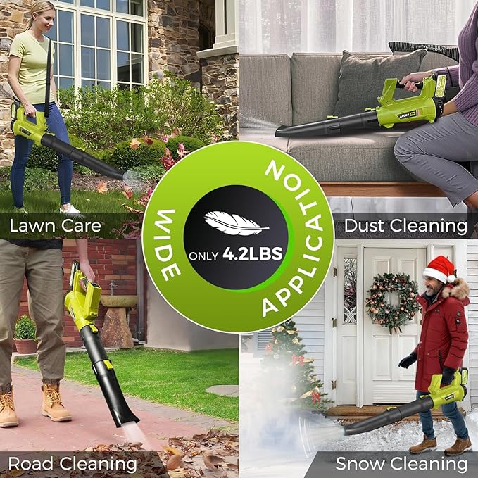 Cordless Leaf Blower with Battery and Charger£¬540 CFM/170 MPH,Battery Powered with 2 x 6.0Ah Batteries,6-Speed & Turbo Mode,Lightweight for Lawn Care,Patio,Leaves,Dust,and Snow Removal,Green