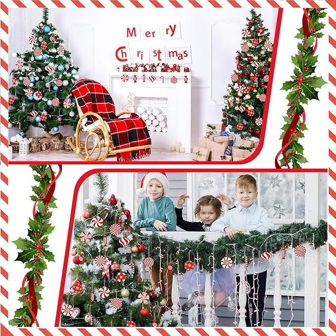 36 Pieces Candy Cane Christmas Ornaments Wood Hanging Decor Xmas Tree Cutouts Peppermint for Home Party Decoration Supplies (Candy Style)