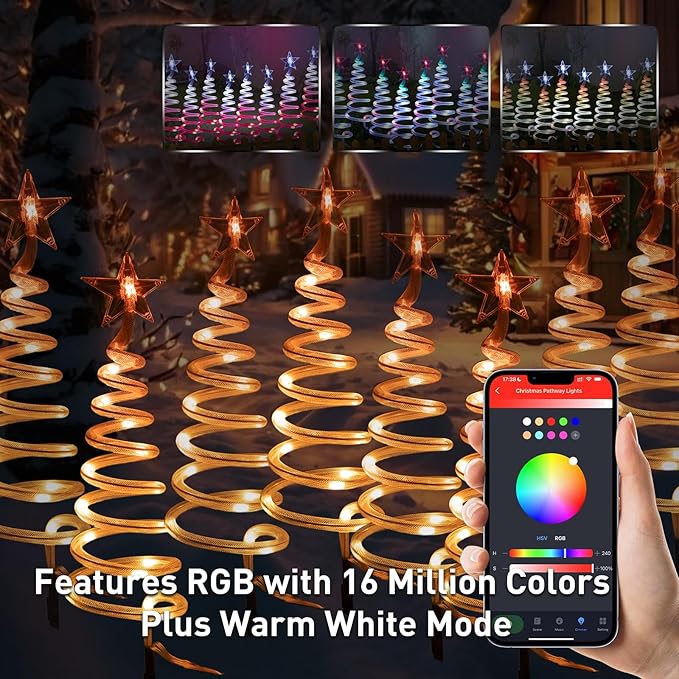 8 Pcs Spiral Christmas Pathway Lights Outdoor Smart Multicolor Spiral Xmas Trees Lights with APP & Remote Control, DIY, Timer, Waterproof, LED Christmas Outdoor Decorations for Yard Walkway