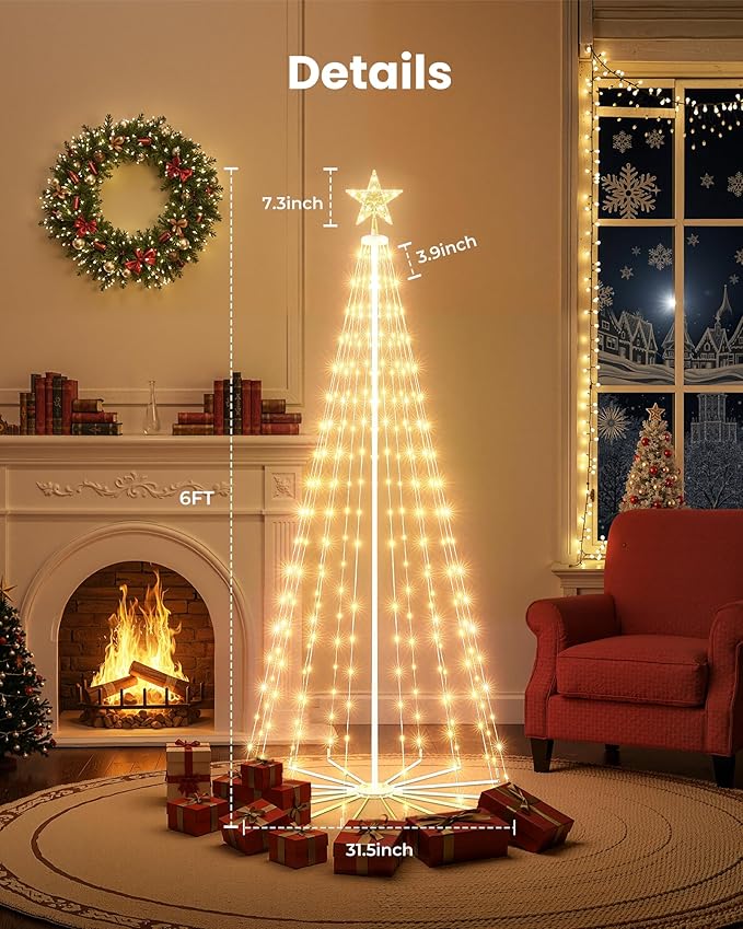 LED Christmas Cone Tree Light with Star Topper, 6ft 265 LED Outdoor Lightshow Christmas Tree with 8 Modes Timer Remote, Dimmable Artificial Tree for Porch Yard Patio Indoor Decorations, Warm White