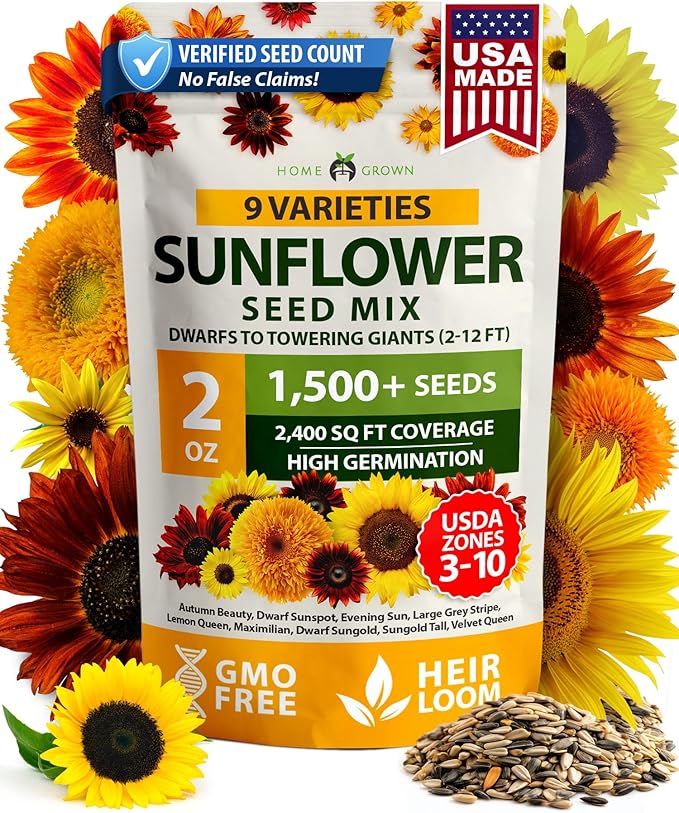 HOME GROWN Sunflower Seeds Mix Pack 1,500+ 9 Colorful Varieties of Sun Flower Seeds to Plant - 2-10ft Tall Plants, Pollinator Friendly 𝗡𝗢𝗡-𝗚𝗠𝗢 𝗨𝗦𝗔 – Easy to Grow, High Germination