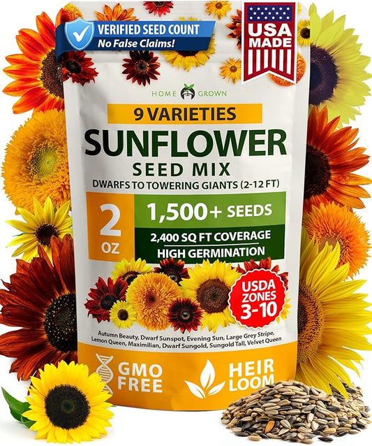 HOME GROWN Sunflower Seeds Mix Pack 1,500+ 9 Colorful Varieties of Sun Flower Seeds to Plant - 2-10ft Tall Plants, Pollinator Friendly 𝗡𝗢𝗡-𝗚𝗠𝗢 𝗨𝗦𝗔 – Easy to Grow, High Germination