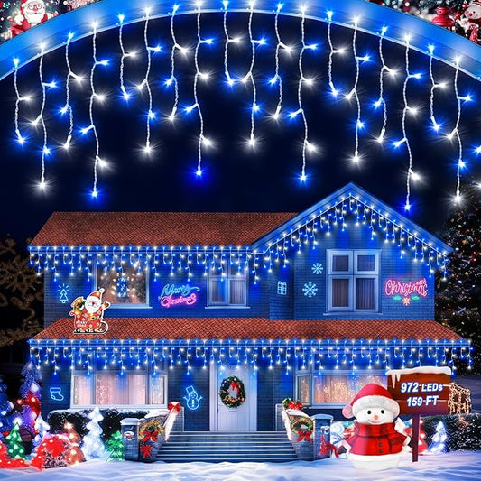 106 FT Christmas Lights Outdoor, 972 LED Waterproof Outside Christmas Lights Plug in, Connectable 8 Modes Hanging Fairy Lights with 216 Drops for House Eaves Yard Patio Blue and White