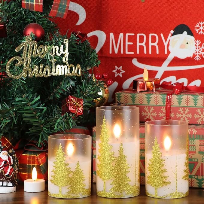 Wondise Glass Flickering Flameless Candles with Remote and Timer, Battery Operated 3D Wick LED Candles Christmas Tree for Christmas Holiday Home Decoration, Set of 3(D3 x H4,5,6 Inch)
