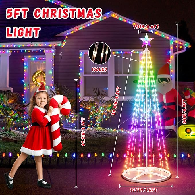 5FT LED Smart Christmas Tree - Outdoor & Indoor Lighted Christmas Tree Decorations Indoor Christmas Cone Tree App Control Color Changing Light for Yard & Garden