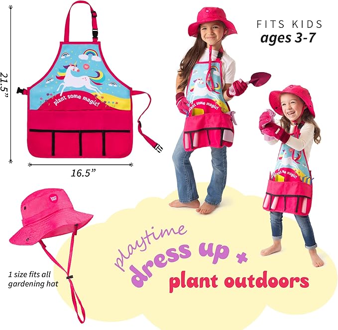 Born Toys Unicorn Kids Gardening Set for Ages 3 & Up, Includes Apron, Sun Hat, Gloves, Shovel - 11pcs Girls Gardening Kit (Pink)