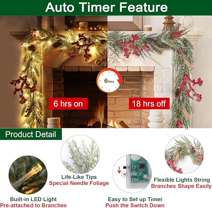 Christmas Garland with 50 Lights for Mantle - 6 Ft Snowy Cedar Garland with Pine Cones Red Berries Artificial Greenery Garlands with Timer, Prelit Garland for Holiday Table Centerpiece