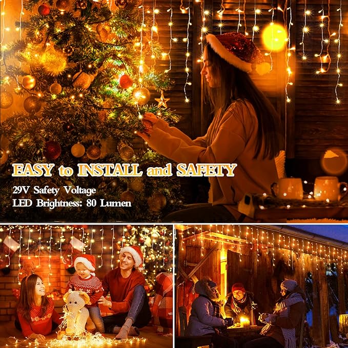 480 LED 49FT Christmas Lights Plug in 8 Modes with Timer Dimmable Ice Lights Outdoor Waterproof Indoor Ice String Lights for Roof Porch Garden Holiday Wedding Xmas Decor (Warm White)