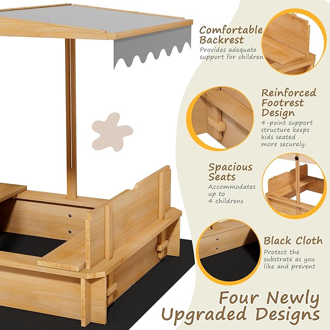 Sandbox with Lid & Cover, Wooden Kids Outdoor Sand Box with Height-Adjustable UV-Resistant Canopy, 2 Foldable Bench Seats & Bottom Liner, 43x43 Inch, Perfect for Backyard, Beach, Garden Play