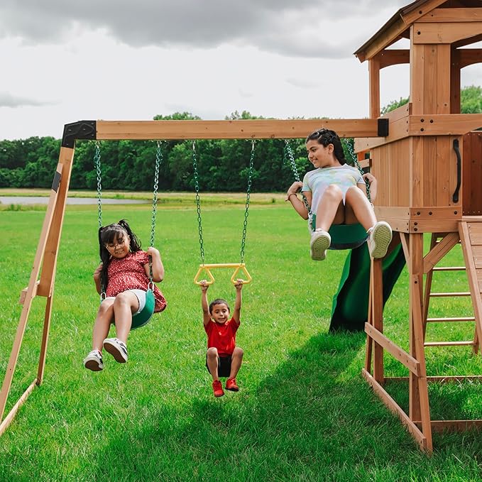 Backyard Discovery Sterling Point Cedar Wood Swing Set with Wave Slide, Raised Clubhouse, Wooden Bridge, Rock Wall, Belt Swings, Web Swing, Trapeze, Balcony, Climbing Wall, Ladder, Outdoor Playset
