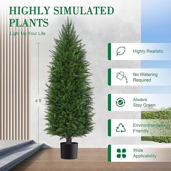 4FT Artificial Topiary Cedar Plants Outdoor, Faux Pine Trees UV Resistant and Potted, 48 Inch Tall Fake Shrubs Evergreen for Front Porch Decor Set of 2