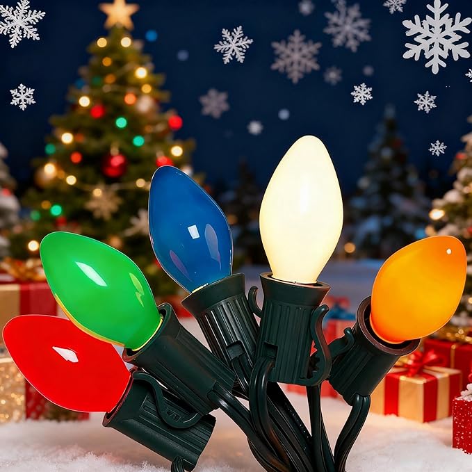 C7 LED Colorful Christmas Lights Outdoor, 25Ft Christmas Decorations String Lights with 27 LED C7 Ceramic Multicolor Bulbs, Hanging Vintage Christmas Lights for House Roofline Tree Patio Yard Party
