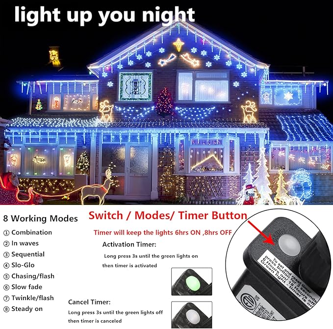 Joomer Blue Christmas Icicle Lights, 13FT 20 Tubes 90 LED 8 Modes Icicle Lights with Timer Function, Waterproof Connectable Ice String Lights for Holiday Home Patio Trees Christmas Decoration