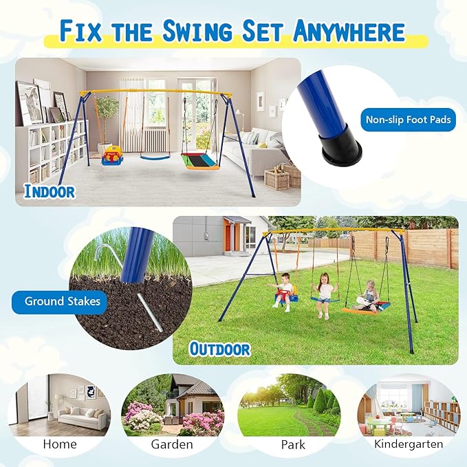 Costzon 660 lbs Swing Sets for Backyard, 3-in-1 Heavy Duty Extra Large Metal Frame with Platform Swing, Belt Swing, Baby Swing, Indoor Outdoor Playground Playset, Swing Set for Kids Toddlers