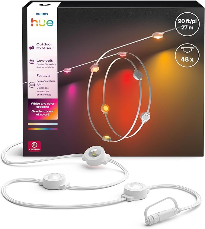 Philips Hue Festavia 90ft Permanent Outdoor String Lights, 48 Dimmable Lights, 55 Lumens Each, Weatherproof, Water-Resistant, White Wire, Color Ambience, Bridge Required