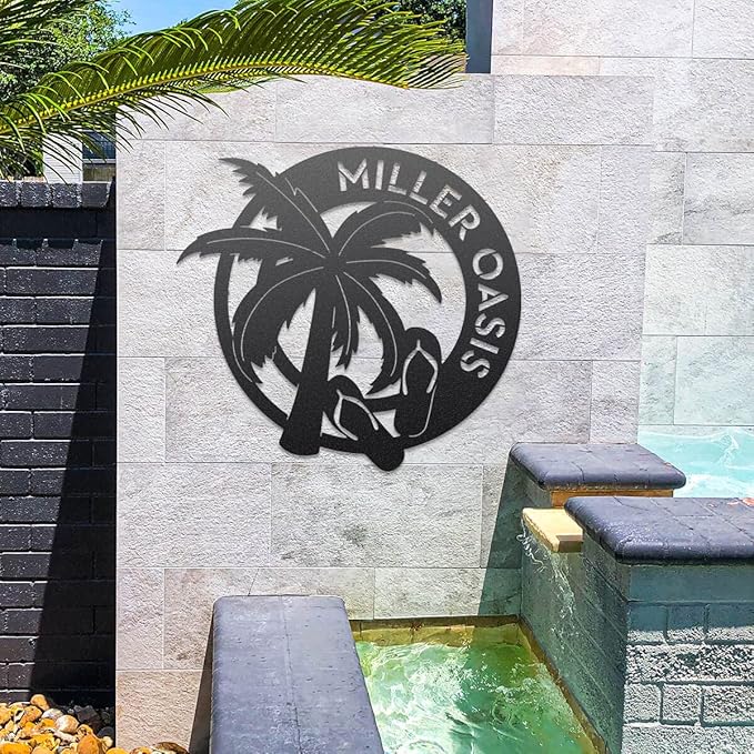 RealSteel - Tropical Oasis Monogram - Custom Wall Art for Beachfront Properties or Vacation Rentals - Great for Backyards, Pools and Patios - Summer Fun, Palm Trees and Sandals (30", Rust)