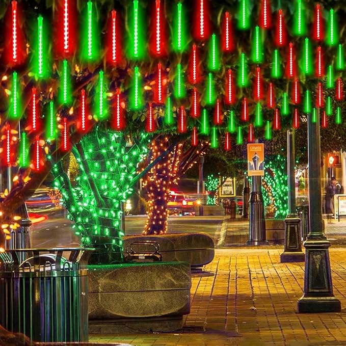 Solar Meteor Shower Lights Outdoor Decorations, Waterproof Christmas Lights Solar Powered, 16 Tubes 384LED Rain Drop Light, Snow Cascading String Light for Xmas Tree Party Garden Decor(Red and Green)