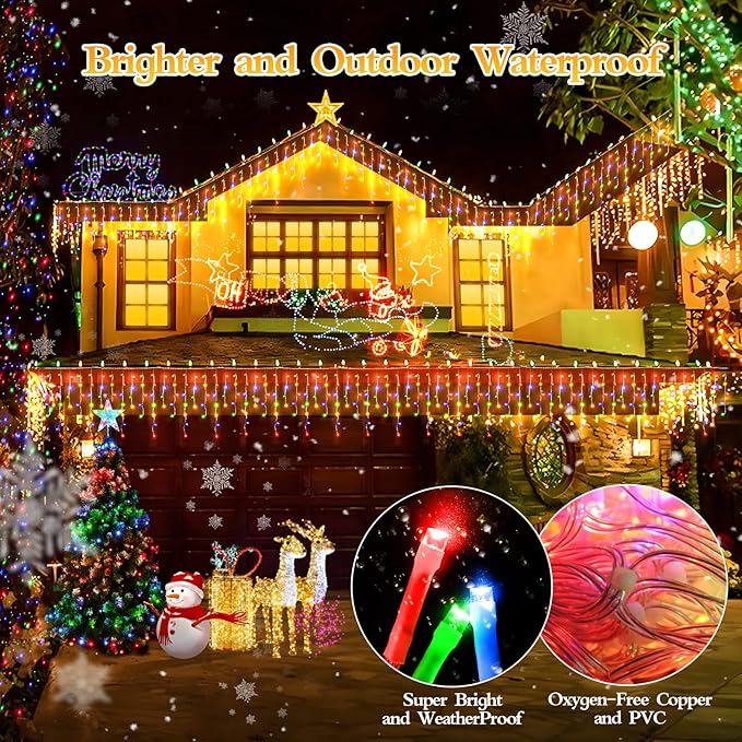 480 LED 49FT Christmas Lights Plug in 8 Modes with Timer Dimmable Ice Lights Outdoor Waterproof Indoor Ice String Lights for Roof Porch Garden Holiday Wedding Xmas Decor (Multicolor)