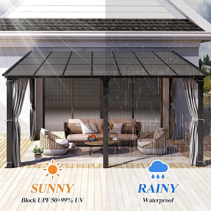 GARTOO 12’ x 14’ Gazebo for Patio - Aluminum Lean to Gazebos Pergola with Sloping Roof, Outdoor Wall-Mounted Canopy Awnings to House for Patio, Garden, Lawn, Backyard Deck
