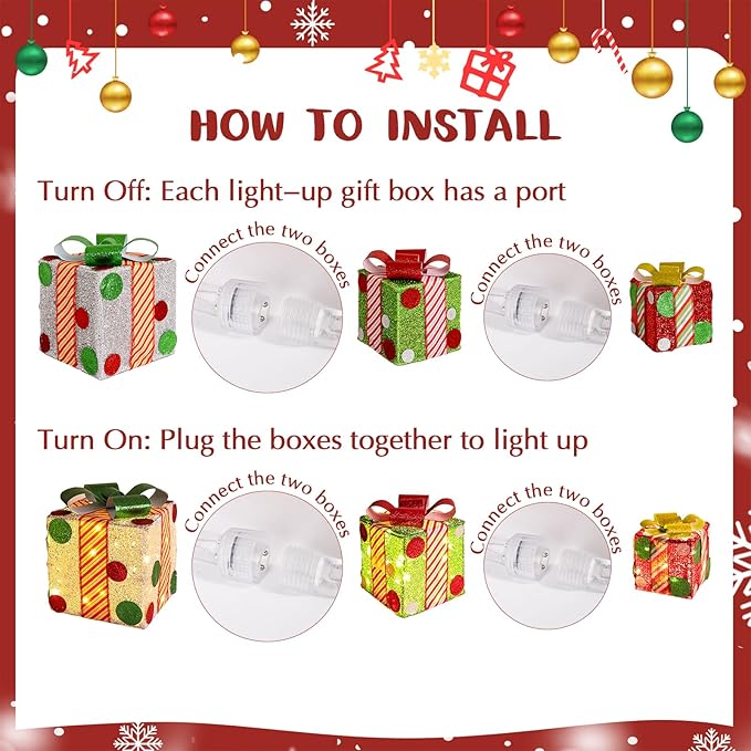 Christmas Lighted Gift Boxes: 3Pack Boxes with led Lights, Pre-lit Present Box with Bowknot Holiday Decorations, Grinchmas Table Centerpieces for Indoor Outdoor Yard Decor