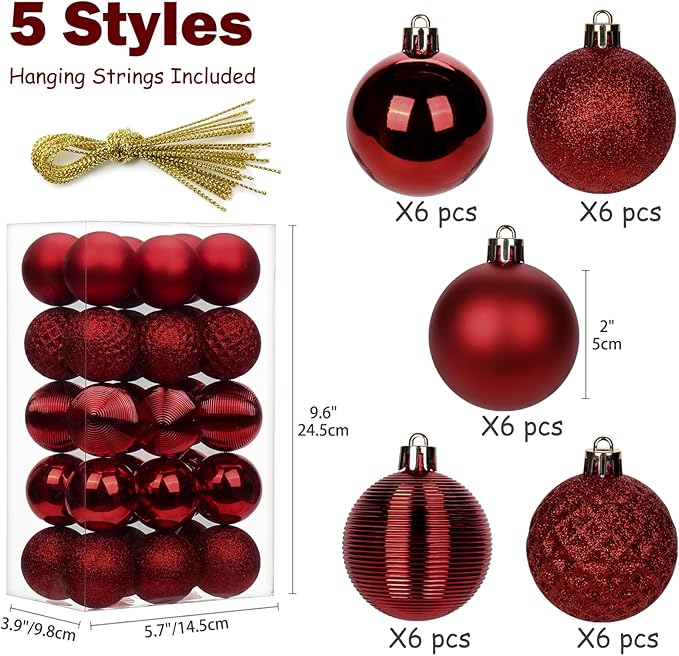 30PCS 2" Christmas Ball Ornaments Shatterproof Burgundy Christmas Tree Decorations Xmas Tree Balls Halloween Ornaments Décor