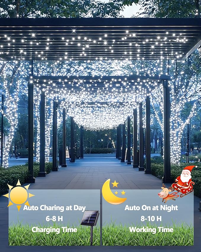 6 Pack Solar Christmas Lights Outdoor Waterproof, 600 LED 198 FT Solar Powered String Lights Outdoor with Green Wire 8 Lighting Modes, Christmas Tree Light for Xmas Fence Party Yard Decor, Cool White