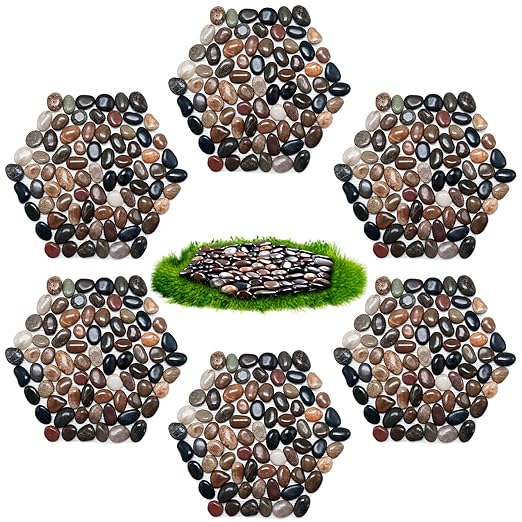 10in River Rock Stepping Stones Set - 6 Pack | Polished Pebble | Long-Lasting PVC Mesh Backing | Perfect for Garden Paths and Lawns Outdoor Landscaping Decoration | Mixed Rhombus
