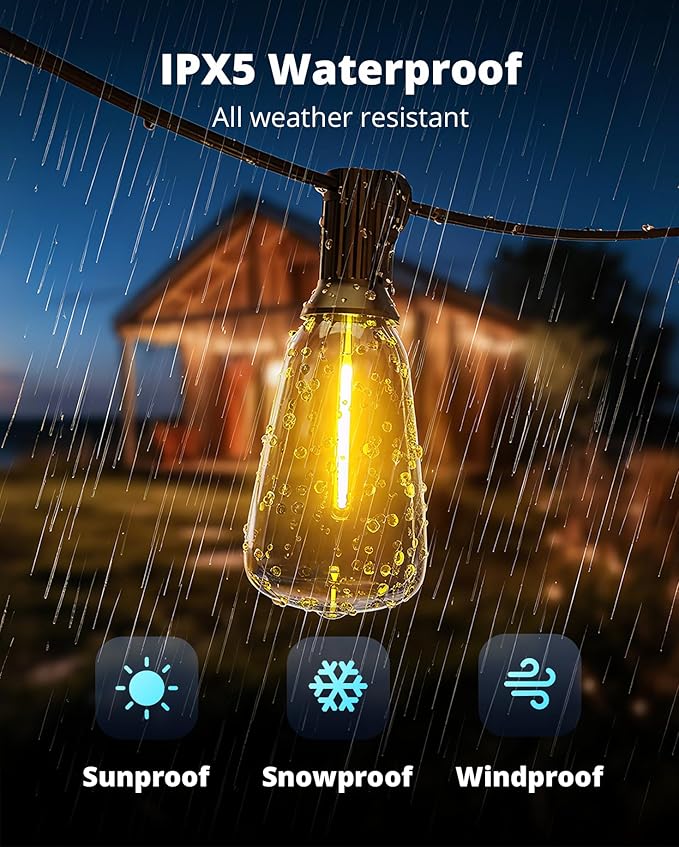 VIPAR Outdoor String Lights 100FT Patio Lights Outdoor Waterproof with 52 Shatterproof ST38 Vintage Edison Bulb, LED Outside Hanging Light for Backyard, Porch, Garden, Deck, Bistro, 2700K Dimmable