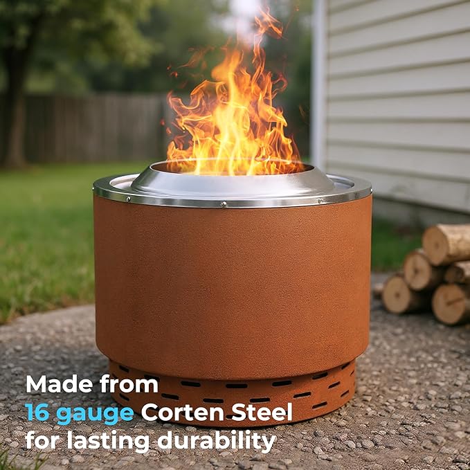 KOL 20 Smokeless Dual Flame Fire Pit for Outdoor - Thick Corten Steel & Stainless Steel Wood Burning Firepits with Stand, Portable Bonfire Pit with Removable Ash Pan for Patio, Backyard, Campsite