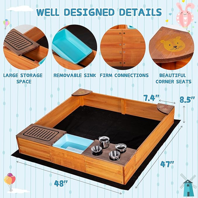 Sandbox with Cover, 2 in 1 Sandpit & Kitchen Playset, Outdoor Sand Box with Bottom Liner, PP Cover, Grill, Cooking Accessories, Toddlers Sandboxes for Backyard, Beach, Garden, Gift for Kids