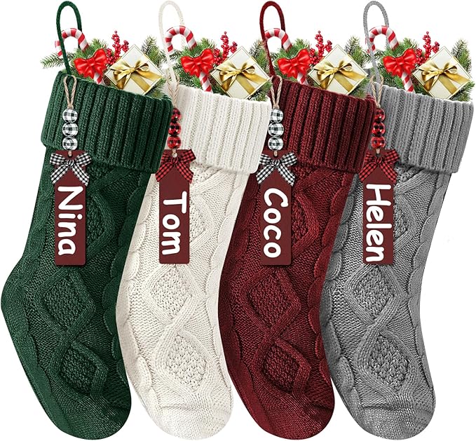 Christmas Stockings 18 Inches,Long Knitted Stocking with Name Tags, Christmas Decoration Hanging Stockings Fireplace Xmas Tree Ornaments for Home Family