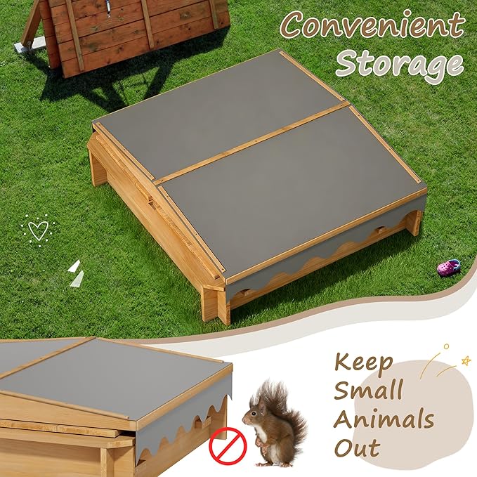 Sandbox with Lid & Cover, Wooden Kids Outdoor Sand Box with Height-Adjustable UV-Resistant Canopy, 2 Foldable Bench Seats & Bottom Liner, 43x43 Inch, Perfect for Backyard, Beach, Garden Play