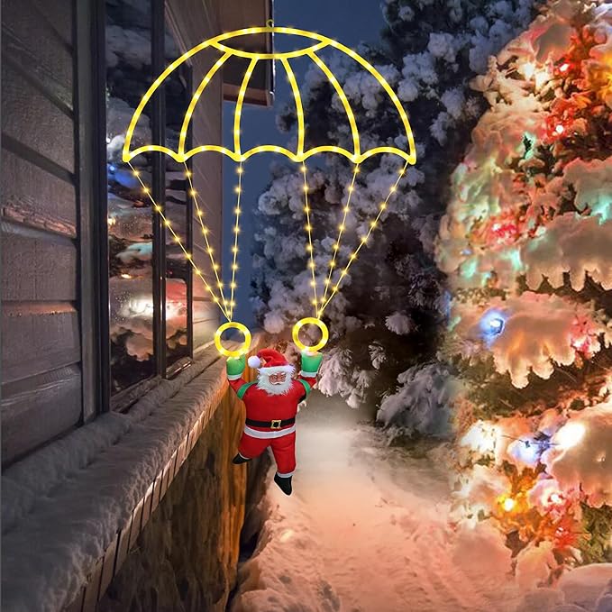 Christmas Decorations Lights Outdoor, 2.8ft LED Christmas Parachute Lights with Santa Claus, 8 Modes & Timer Battery Operated Hanging Xmas Lights for Roof Eave Balcony Home Garden Decor (Warm White)