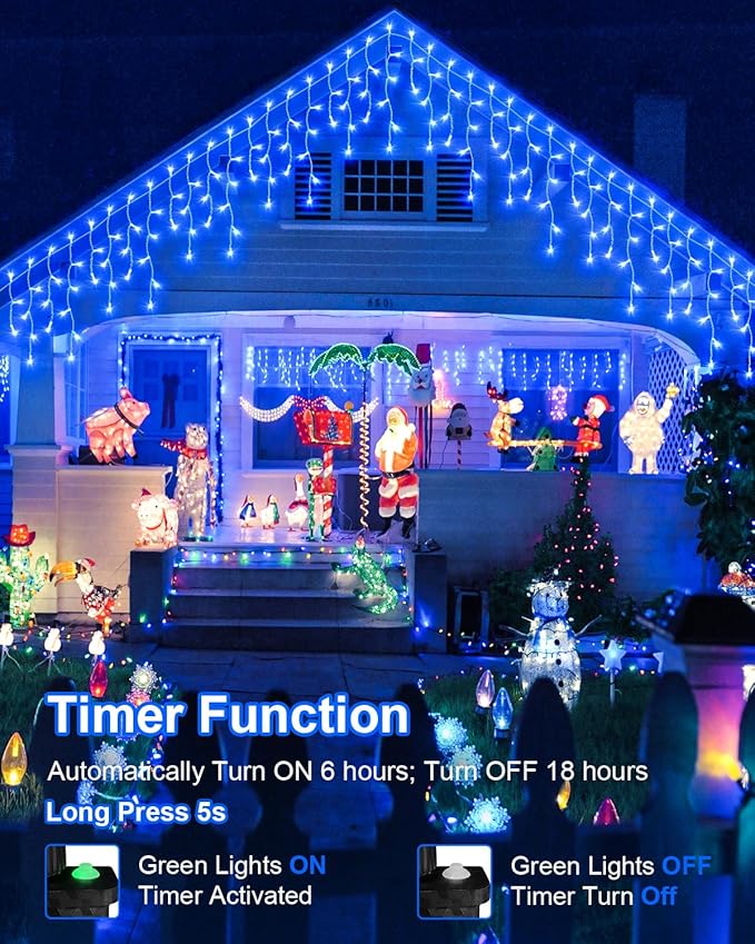 159 FT Blue Christmas Lights Outdoor, 1458 LED Waterproof Outside Christmas Lights Plug in, Timer & Memory, 8 Modes Fairy Lights with 324 Drops for House Eaves Yard Patio Wedding Decorations