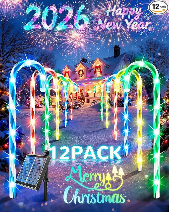 Anordsem Solar Christmas Decorations Outdoor: 21" Candy Cane Stake Lights 12 Pack - Waterproof LED 8 Colorful Lighting Models for Pathway Yard Garden Xmas Decor - 2026 New Year Gifts for Homeowners
