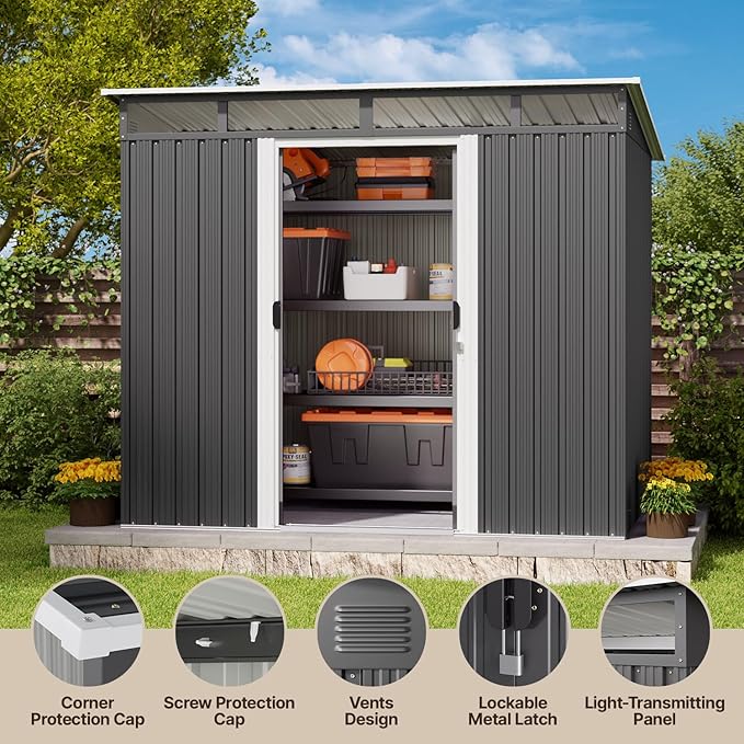 Gizoon 7.4'x5.3' Outdoor Storage Shed Metal Garden Shed with Sliding Lockable Doors, Versatile Tool Bike Shed with Transparent Panel Windows, Outdoor Storage Clearance for Backyard, Patio, Dark Gray