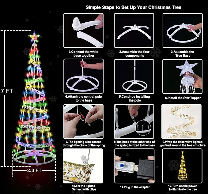 6 FT 180 LED Christmas Tree with Lights, Outdoor Christmas Cone Tree with 8 Modes Timer Remote Waterproof, Christmas Tree Lightshow for Indoor Outside Yard Porch Xmas Decorations, Multicolor